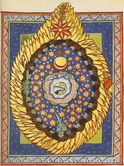 Isten, a kozmosz és az emberiség. Miniatűr Liber Sciviasból, Bingeni Hildegard, 1175 körül (akvarell, pergamen) alkotó: German School