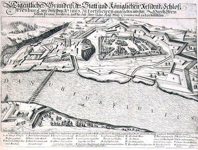 Pressburg városának és várának, valamint erődítményeinek alaprajza 1663-ban, illusztráció az európai oszmán hadjáratokról szóló könyvből, Paul Furst (kb. 1605-66) metszet (metszet) alkotó: German School