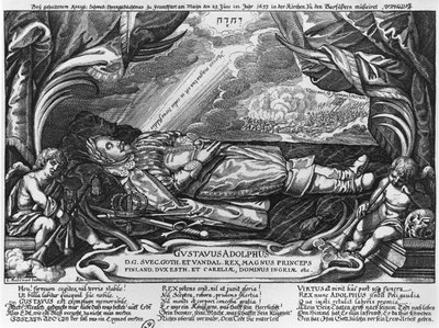 Gustavus Adolphus (1594-1632) svéd király, halálos ágyán, 1633 alkotó: German School
