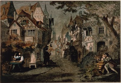 Hans Sachs, 2. jelenet Richard Wagner „Die Meistersinger” című művéből (színes metszet) alkotó: German School