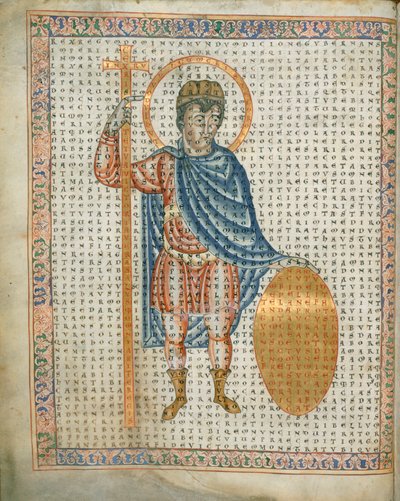 Harley 3045 fol.2 I. Lajos császár, a Jámbor, kezében egy kereszt és pajzs, a 