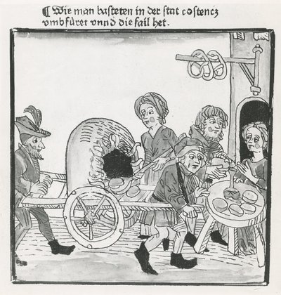 Palacsinta és perec Hawker, az 1417-es konstanzi zsinat idején, egy inkunabulum után, 1485 körül (toll és tinta papíron) alkotó: German School