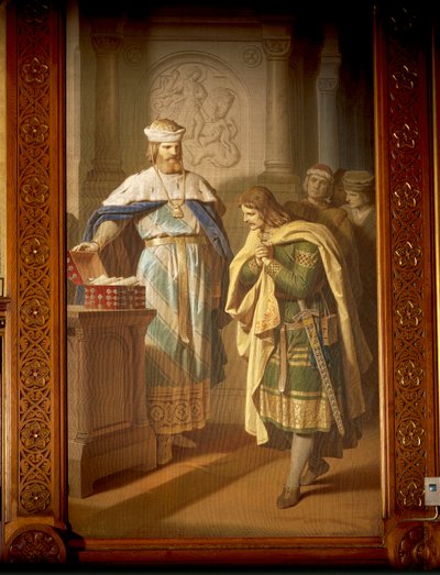 Hermann von Thuringen visszaadja a költőnek az újonnan előkerült „Aneide” kéziratot a Tannhauser Saga-ból (olaj, vászon) alkotó: German School