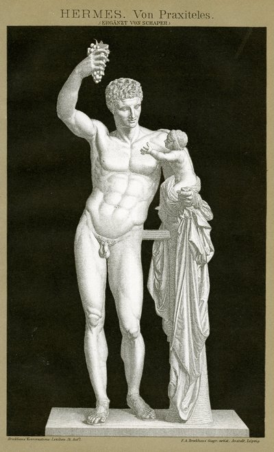 Hermész és a csecsemő Dionüszosz, amelyet Praxitelesnek tulajdonítottak 1895 körül (színes kromolitográfia) alkotó: German School