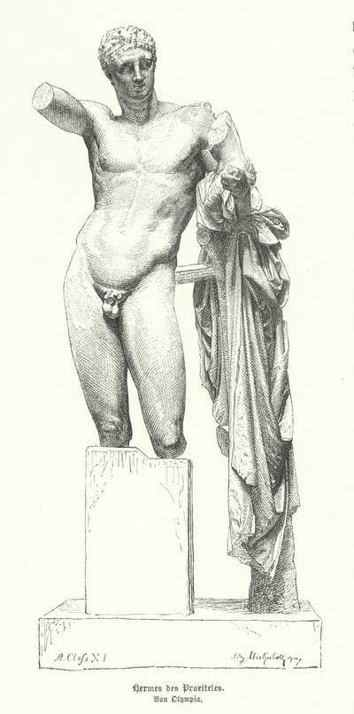 Hermész és a csecsemő Dionüszosz, Praxiteles ókori görög szobrász szobra, amelyet az olimpiai Héra-templom romjai között fedeztek fel (metszet) alkotó: German School