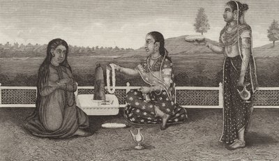 Hindu halottak tisztelete, India. Illusztráció a Bilder-Atlashoz (metszet) alkotó: German School