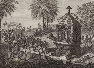 Hindu hívők Juggernaut autóját húzzák az ókori Indiában. Illusztráció a Bilder-Atlashoz (metszet) alkotó: German School
