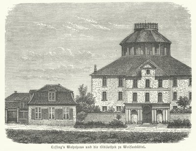 Gotthold Ephraim Lessing német filozófus és drámaíró otthona és a wolfenbuetteli könyvtár (metszet) alkotó: German School