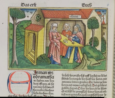 I. Sámuel 1:8 Elkána megvigasztalja Hannát, a nürnbergi Bibliából (Biblia Sacra Germanaica) (színes fametszet) alkotó: German School