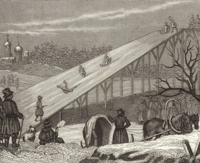 Jégcsúszda Oroszországban. Illusztráció a Bilder-Atlashoz (metszet) alkotó: German School