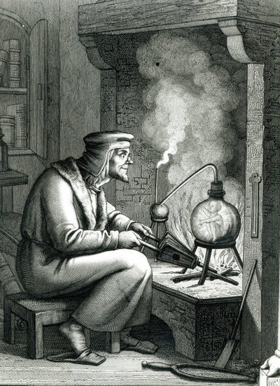 Goethes Faust illusztrációja, amely Mefisztóst ábrázolja, amint egy homunculust készít, 1854 alkotó: German School
