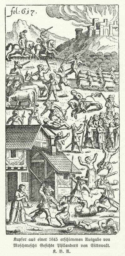 Illusztráció Johann Michael Moscherosch német író, Philander von Sittewald csodálatos és igaz látomásai című szatirikus művének 1645-ös kiadásából (litho) alkotó: German School