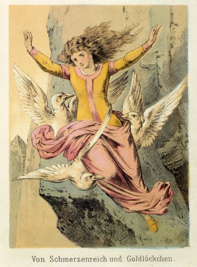 Illusztráció Franz Hoffmann meséiből: „Mesék és mesék – Von Schmerzen Reich und Gold¿kuchen””: egy nő, akit három madár vesz körül. századi kromolitográfiája. alkotó: German School