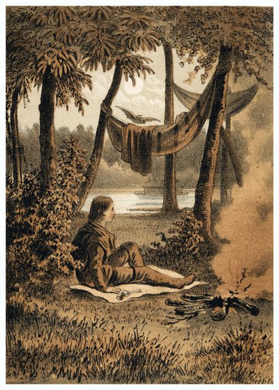 Illusztráció az Amazonas folyó európaiak általi meghódításáról, tábor telepítéséről a folyó közelében. in "" De Bootslieden der Amazon-river"", Karl Muller, Hollandia alkotó: German School