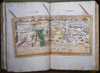 Inc. 425 A Szentföld térképe, a Cosmographicában megadott leírások és koordináták alapján, Ptolemaiosz (Alexandriai Claudius Ptolemaiosz) (Kr. u. 90-168), megjelent a németországi Ulmban, Johann Reger fo alkotó: German School