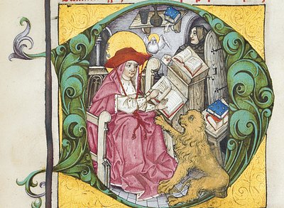 D kezdőbetűje az Epistolae Hieronymusból, Szent Jeromos leveleiből és traktátusaiból, szerkesztette Adrianus Brielis alkotó: German School