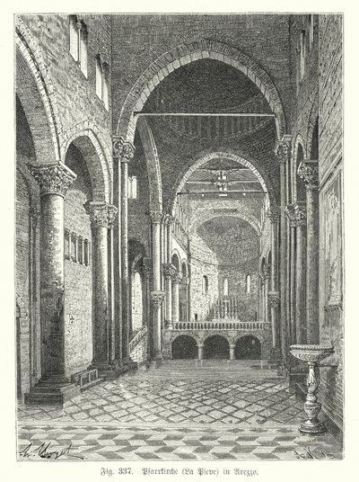 A Santa Maria della Pieve templom belseje, Arezzo, Olaszország (metszet) alkotó: German School