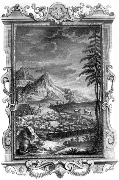 Jákob, a hűséges pásztor, védi juhnyáját a farkasok támadásától, 1731 (rézmetszet) alkotó: German School