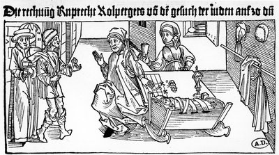 Zsidó pénzkölcsönző családjával ügyfeleket fogad, 1491 (fametszet) alkotó: German School