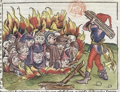 Máglyán elégetett zsidók Hartmann Schedel (1440-1514) Nürnbergi Krónikájából, 1493 (színes fametszet) alkotó: German School