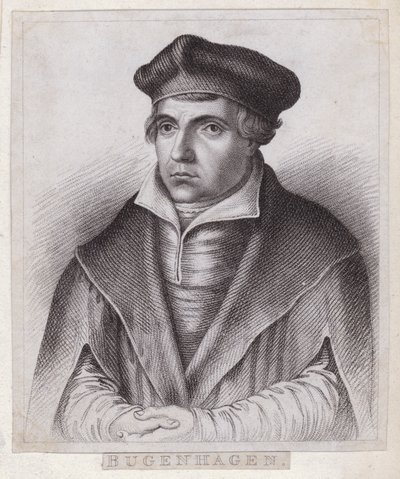 Johannes Bugenhagen (Doktor Pomeranus), német pap és teológus, aki bemutatja a protestáns reformációt Pomerániában és Dániában (metszet) alkotó: German School