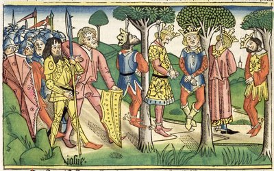 Józsué 10 16-27 Az öt király kivégzése, a „Nürnbergi Bibliából (Biblia Sacra Germanaica)” (színes fametszet) alkotó: German School