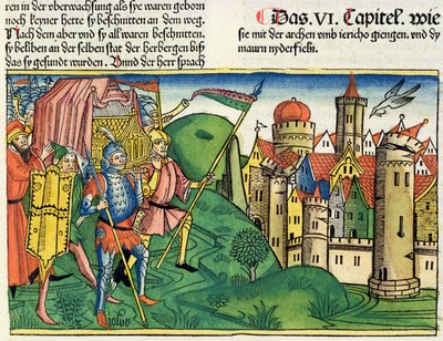 Józsué 6 4-21 Jerikó bukása, a Nürnbergi Bibliából (Biblia Sacra Germanaica) (színes fametszet) alkotó: German School