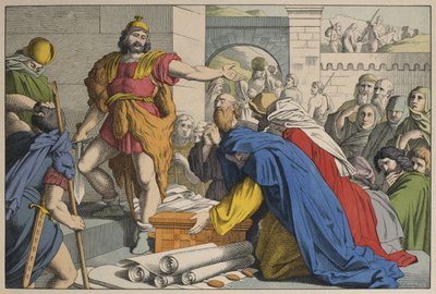 Judas Maccabeus Masphában, illusztráció a LAncien Testamentből, kiadó: Jakob Ferdinand Schreiber, Esslingen (színes metszet) alkotó: German School