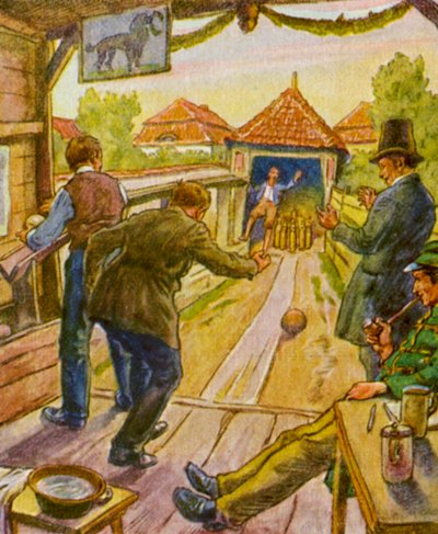 Kegelbahn / Bowlingpálya (színes litográfia) alkotó: German School