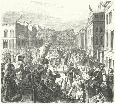 IV. Frigyes Vilmos porosz király a berlini egyetem mellett utazott, hogy részt vegyen a zavargások során elesett civilek tömeges temetésén, 1848. március 21-én (metszet) alkotó: German School