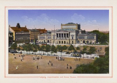 Lipcse, Augustusplatz és Neues Theater (színes litográfia) alkotó: German School