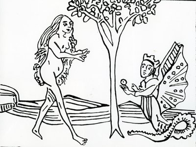 A szárnyas és koronás, kígyófarkú Lilith az 1470-es eredeti után a „Speculum Humanae Salvationis” almát kínálja Évának. alkotó: German School