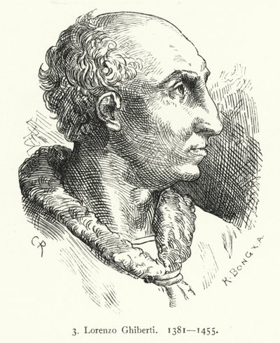 Lorenzo Ghiberti, firenzei kora reneszánsz művész, aki a firenzei keresztelőkápolna bronzajtóit tervezte (metszet) alkotó: German School
