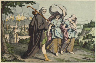 Lót és lányai menekülnek, illusztráció a LAncien Testamentből, kiadó: Jakob Ferdinand Schreiber, Esslingen (színes metszet) alkotó: German School