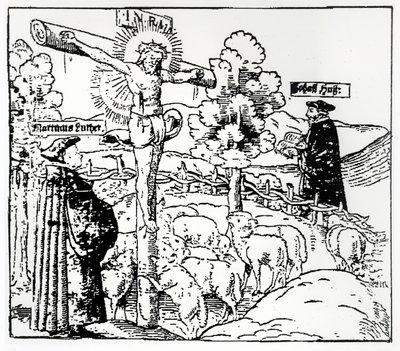 Luther (1483-1546) és Husz (1369-1415) Krisztussal a bárány akolban, 1520-21 alkotó: German School