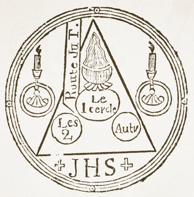 Varázskör, Dr. Faustens Dreyfacher Hollenzwang illusztrációjának másolata, Passau, 1407, reprodukálva a Das Kolster V. kötetben, J Scheible, 1845, felhasználva a 19. század végén megjelent mágiatörténetben. alkotó: German School