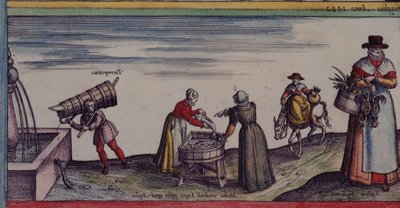 Térképek.C.29.e.1 Halat vágó nők, a „Világ városai”, 1623 körül (vellum) alkotó: German School