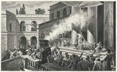Mark Antonius lázadást szít beszédével Julius Caesar temetésén, ie 44-ben (metszet) alkotó: German School