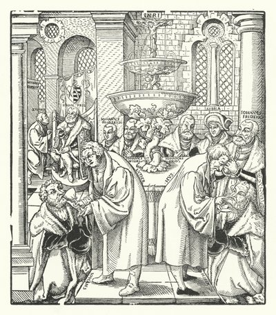 Luther Márton és Jan Husz szentáldozást szolgáltat a szász királyi családnak (metszet) alkotó: German School