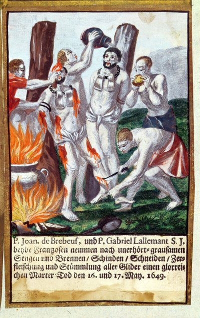 Jean de Brebeuf és Gabriel Lalemant mártíromsága Iroquoistól, Nouvelle-Franciaországban 1649, a Jesuits Martyrology, 1688-ból alkotó: German School