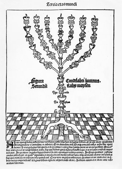 Menóra, Hartmann Schedel Liber Chronicarumból, Nürnbergben, 1493. alkotó: German School