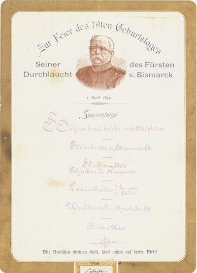 Menü Bismarck herceg 79. születésnapi ünnepségén 1894. április 1-jén alkotó: German School