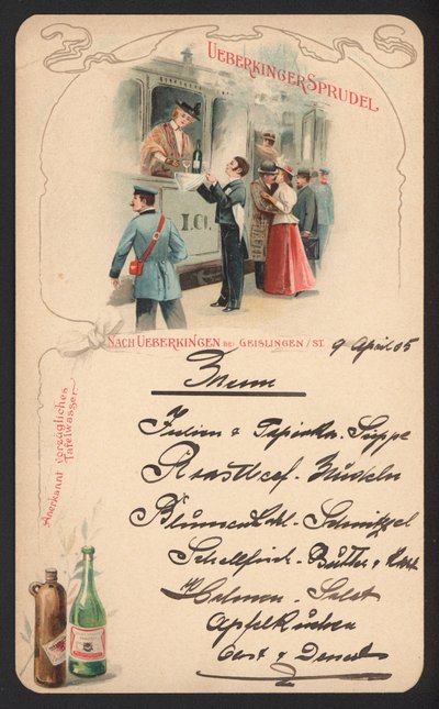 Ueberkinger szénsavas ásványvizet reklámozó menükártya (színes litó) alkotó: German School