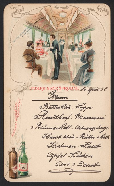 Ueberkinger szénsavas ásványvizet reklámozó menükártya (színes litó) alkotó: German School