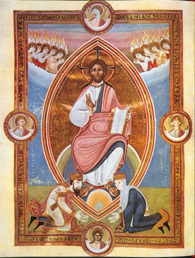 Krisztus áldását ábrázoló miniatűr mandula alakú aureolában II. Konrád császárral és Gisela császárnővel a lábánál (vellum) alkotó: German School