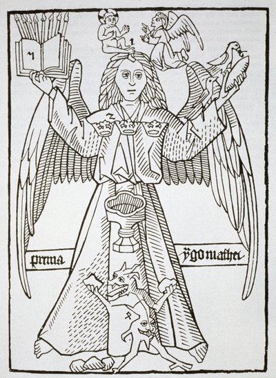 Mnemonikus figura, Ars Memorandiból, 1470 körül, (újranyomva 1883), a 19. század végén megjelent mágiatörténetben illusztrálva alkotó: German School