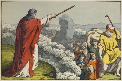Mózes megosztja a Vörös-tenger vizét, illusztráció a LAncien Testamentből, kiadó: Jakob Ferdinand Schreiber, Esslingen (színes metszet) alkotó: German School