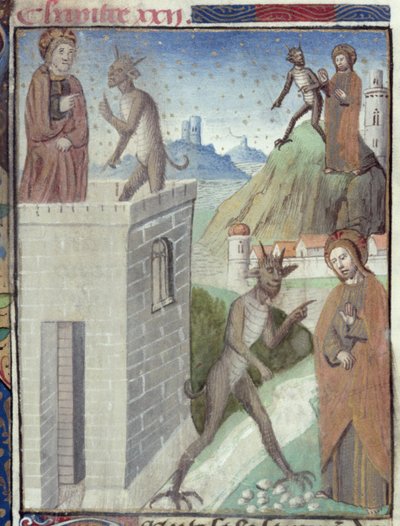 Ms Hunter 36 f.110r A kísértés három jelenete, Vita Christiből, Ludolf Szász, 1300-7778 körül alkotó: German School