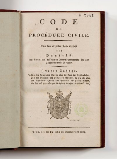 Napóleoni polgári perrendtartás a Rajna bal partja francia megyéire, megnyitva a címoldalon, Koln, 1809 (nyomtatott papír) alkotó: German School