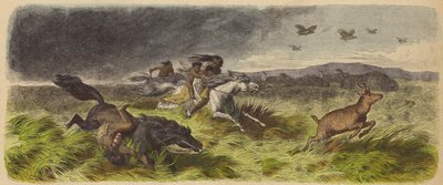 Amerikai őslakosok és préritűz elől menekülő állatok (színes metszet) alkotó: German School